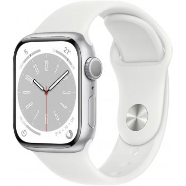Apple Watch Series 8 41 mm (GPS) Silber Aluminiumgehäuse mit weißem Sportarmband M/L