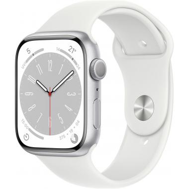 Apple Watch Series 8 45 mm (GPS) Silber Aluminiumgehäuse mit weißem Sportarmband M/L