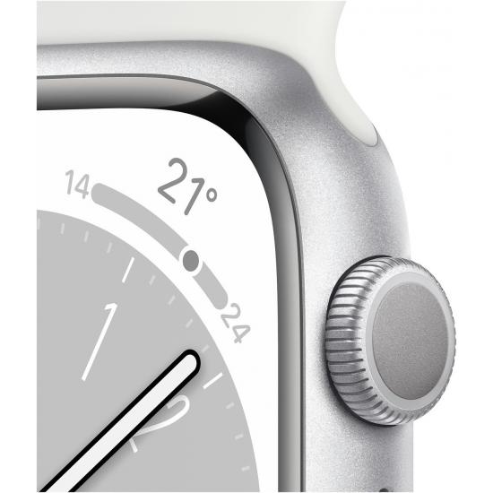 Apple Watch Series 8 45 mm (GPS) Silber Aluminiumgehäuse mit weißem Sportarmband M/L Apple Watch Series 8 45 mm (GPS) Silber Aluminiumgehäuse mit weißem Sportarmband M/L