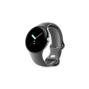 Google Pixel Watch (Wi-Fi, 41 mm) Edelstahlgehäuse in poliertem Silber mit Sports Active-Armband in Anthrazit